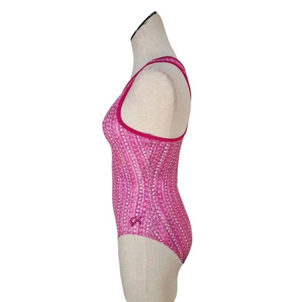 GK Elite VTG Pink Dots Keyhole Racerback Tank Leotard Glittery Size AL Adult L - Picture 6 of 16